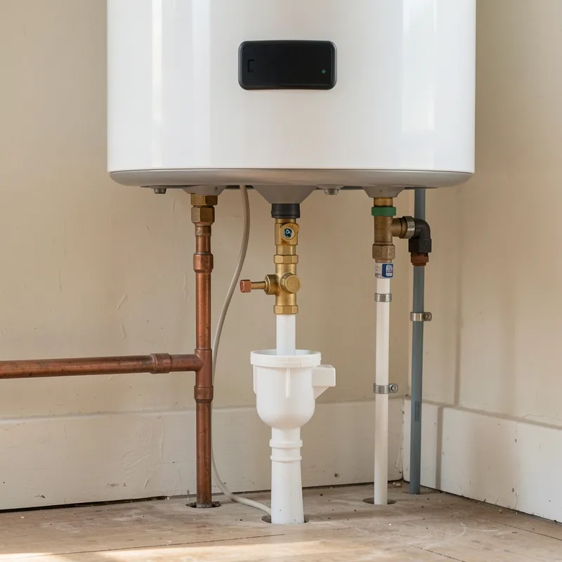 Groupe de sécurité en laiton raccordé sous un chauffe-eau électrique avec son siphon d&rsquo;évacuation