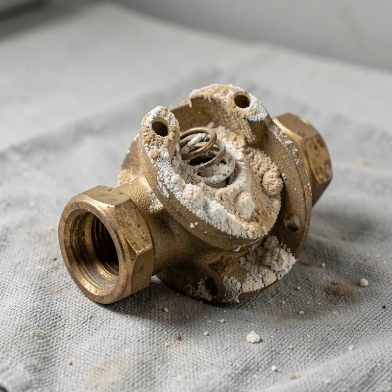 Dépôt de calcaire blanc sur la soupape démontée d&rsquo;un groupe de sécurité de chauffe-eau