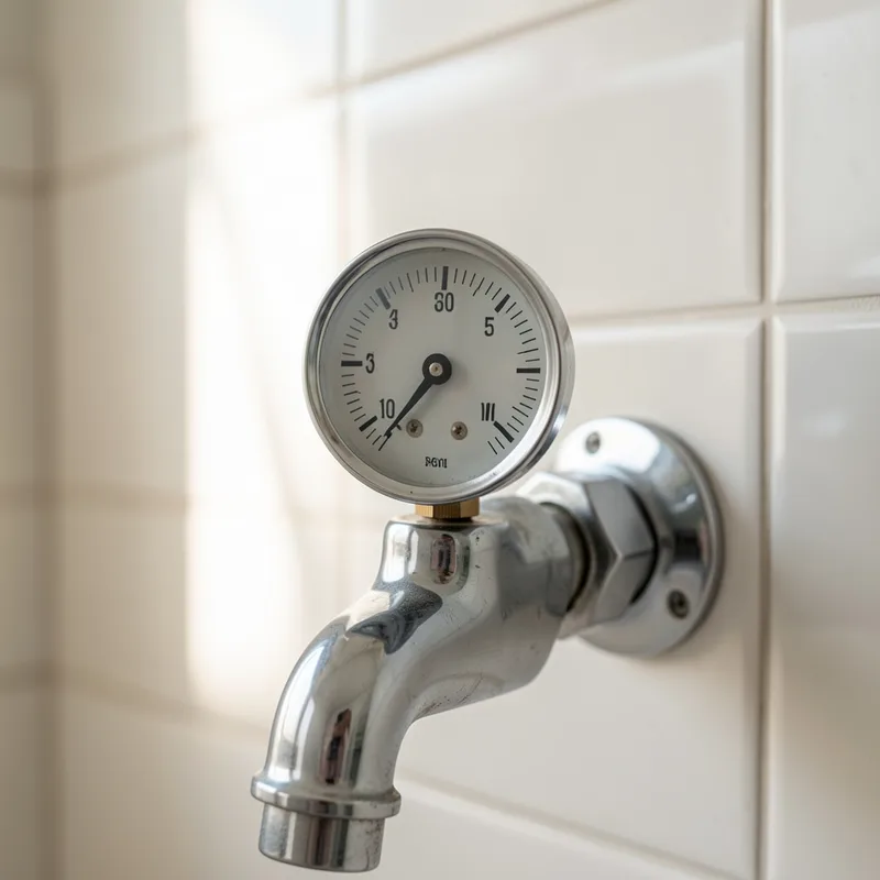 Manomètre à raccord de robinet mesurant la pression du réseau d&rsquo;eau froide dans une salle de bain