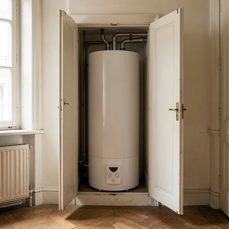 Chauffe-eau électrique encastré dans un placard étroit d&rsquo;un appartement ancien, accès difficile au groupe