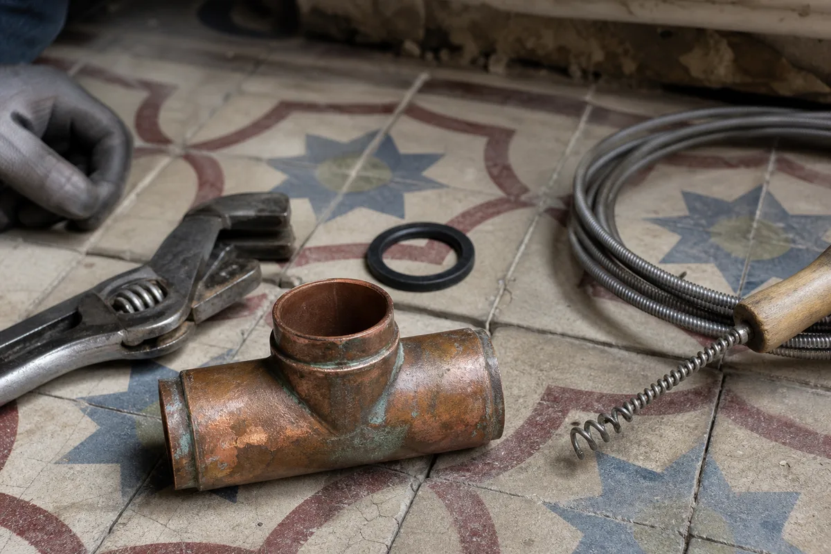 Tuyau en cuivre et outillage de plombier posés sur un carrelage ancien d&rsquo;immeuble du Bas-Montreuil