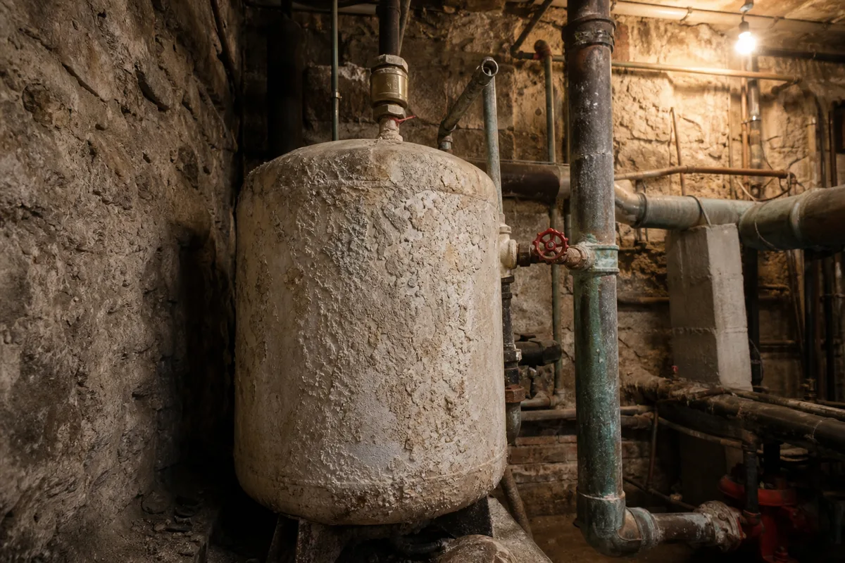 Ballon d&rsquo;eau chaude ancien dans une chaufferie d&rsquo;immeuble du Bas-Montreuil