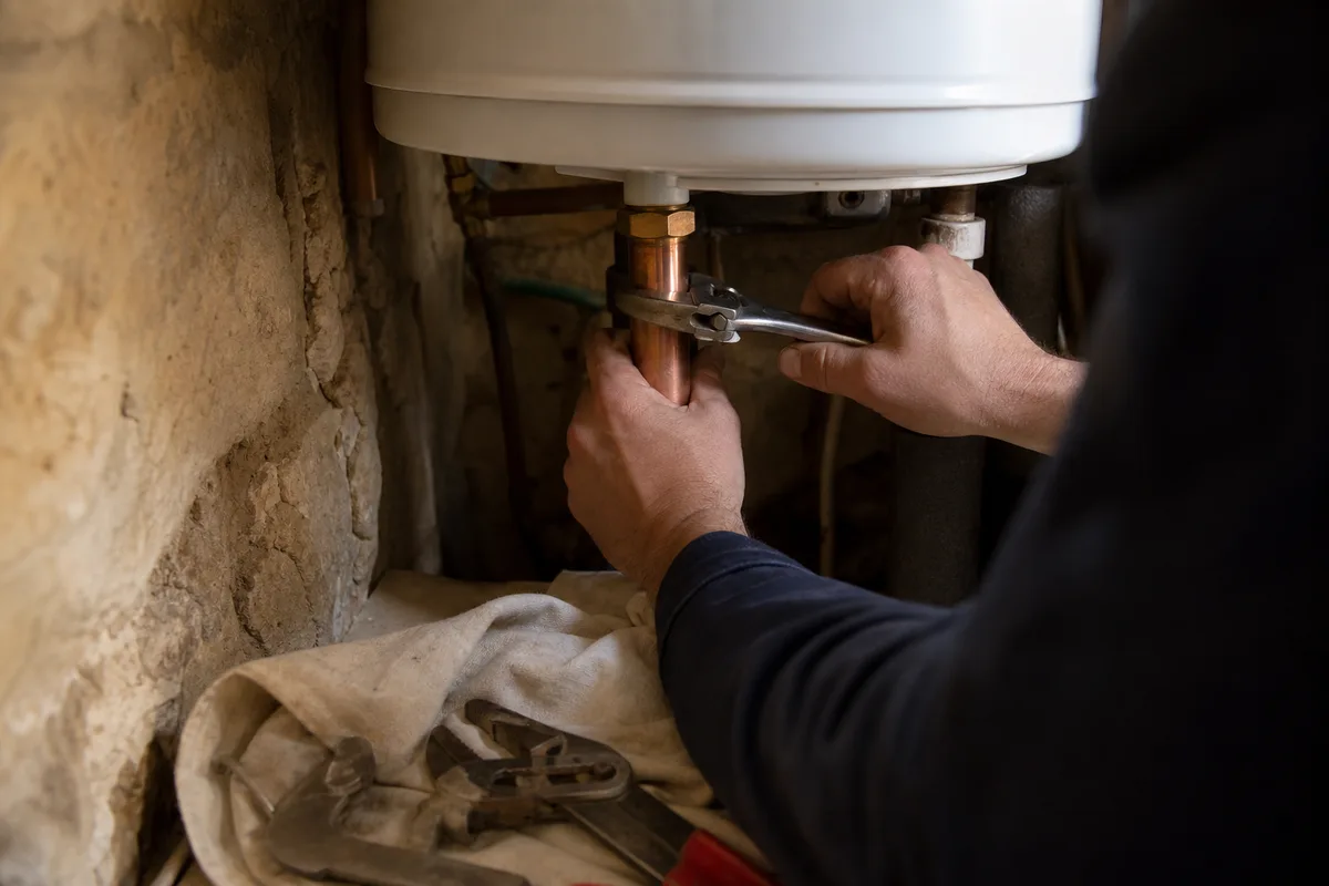 Plombier ajustant un raccord de chauffe-eau dans un cellier d&rsquo;immeuble ancien