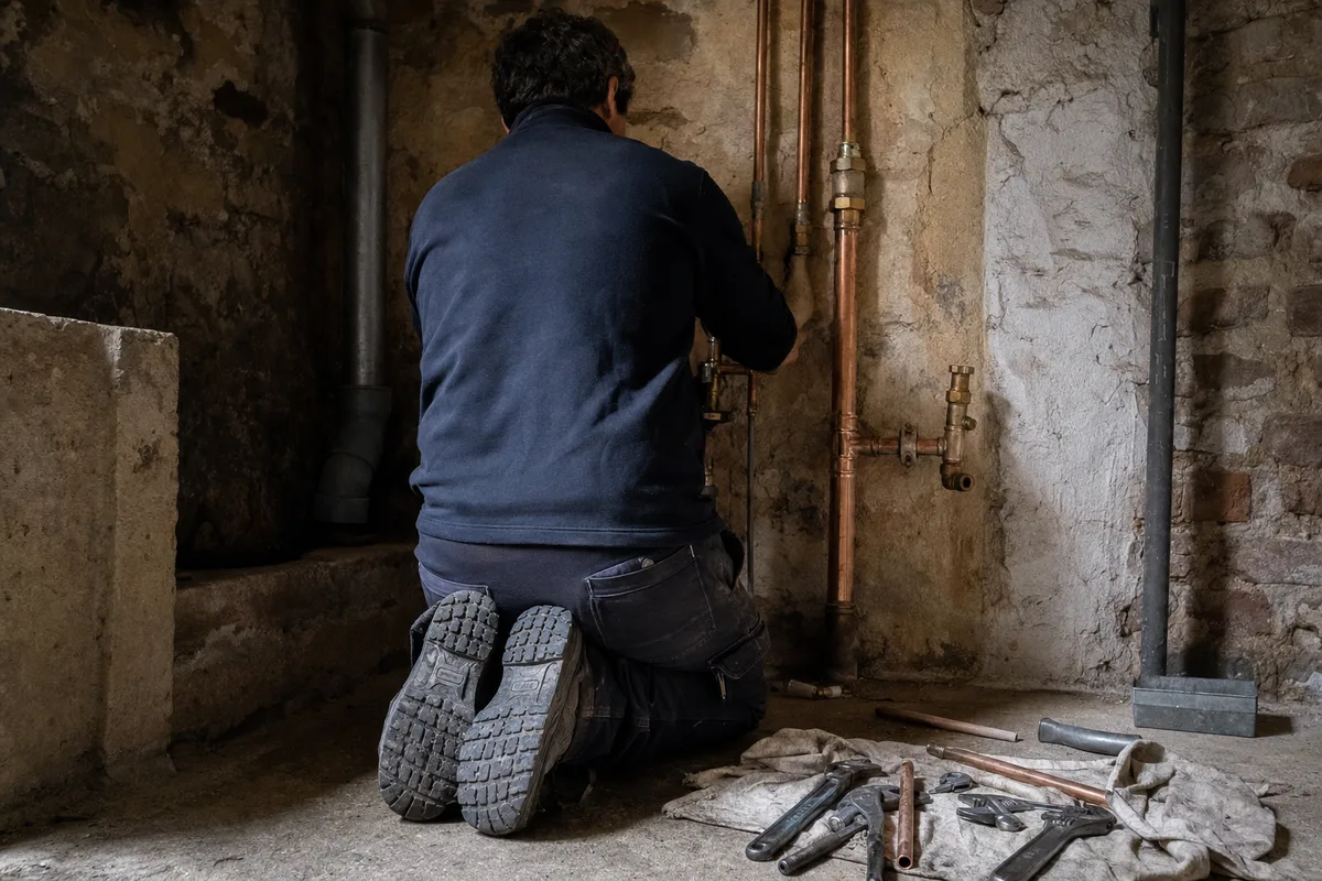 Plombier professionnel intervenant sur une canalisation en cuivre dans un immeuble ancien du Bas-Montreuil, éclairage naturel
