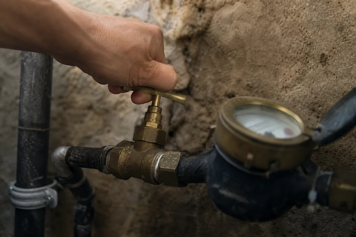 Robinet d’arrêt général et compteur d’eau dans une cave d’immeuble ancien, mains gantées en action, lumière tamisée
