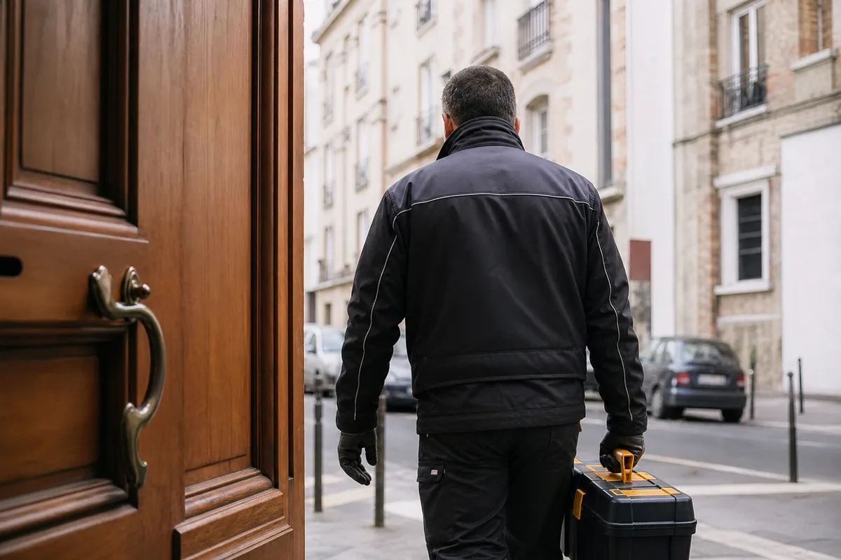 Cylindre de serrure neuf et outils de serrurier posés devant une porte d&rsquo;appartement ancien à Montreuil
